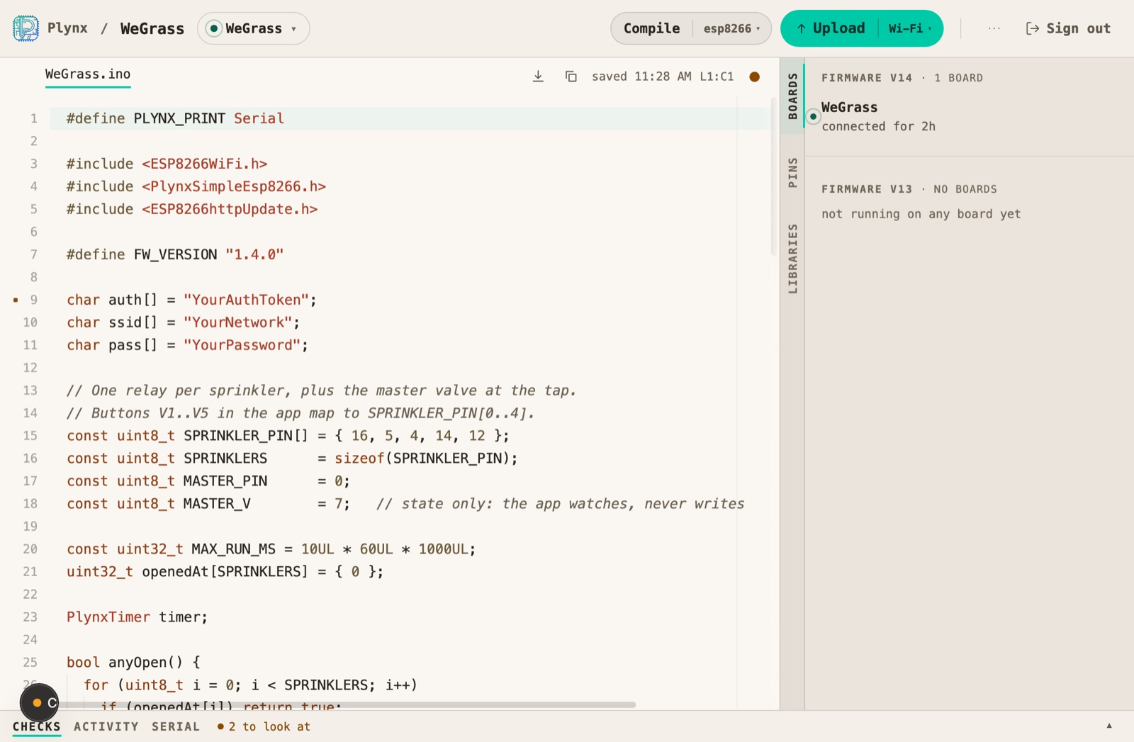 The Plynx web editor with an ESP8266 sketch open, the compile target set to esp8266, an Upload over Wi-Fi button, and the paired board listed as connected in the side panel