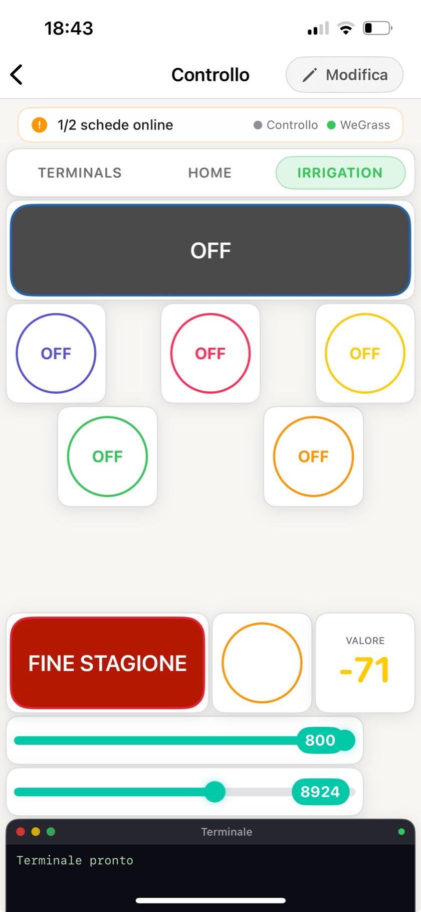 Plynx dashboard controlling the irrigation: round sprinkler buttons, a master valve indicator, an end-of-season drain button, timeout sliders, a WiFi signal readout and a terminal