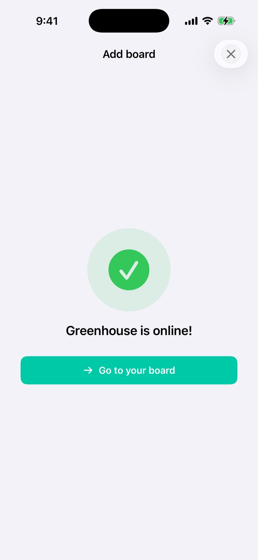 The Add board screen once the board is found: Greenhouse is online