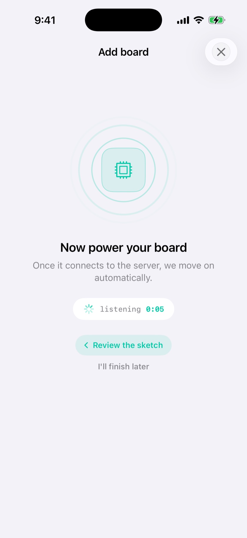 The Add board screen while waiting: Now power your board