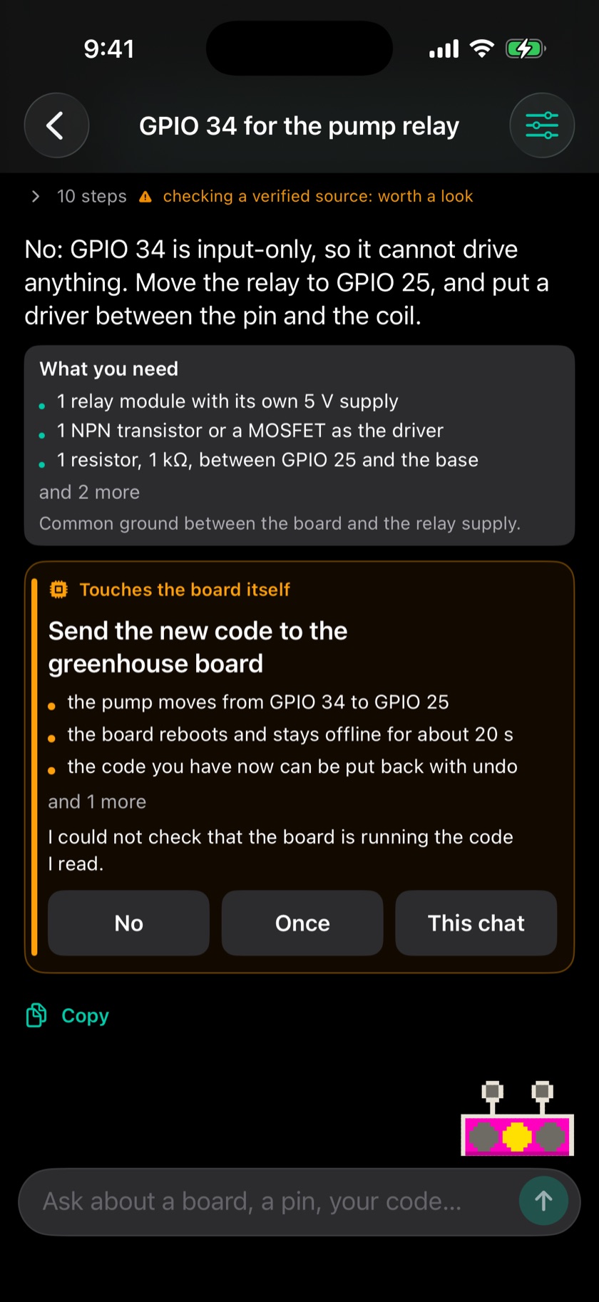A chat with Archimedes in dark theme: the answer about GPIO 34, the list of what you need, and the permission card with No, Once and This chat